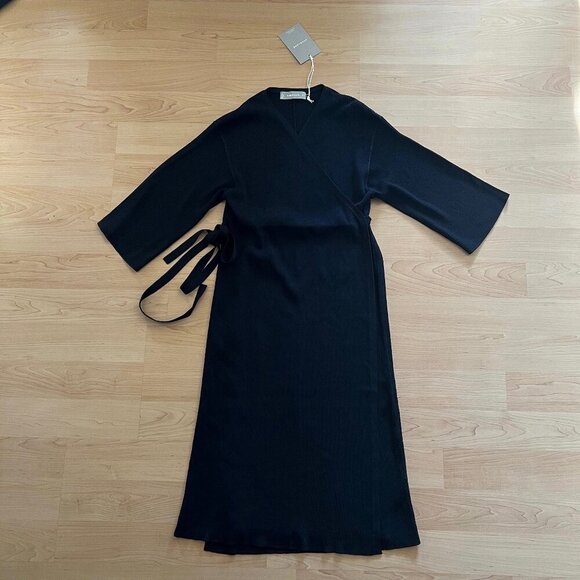 NEW Everlane The Ribbed Wrap Midi Dress Black Size XXS NWT - Picture 6 of 7